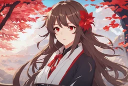 woman with long brown hair and red eyes from Genshin Impact, intricate background, intricate face, contemplative, anime style, dynamic composition