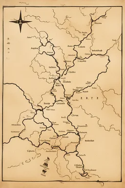 a scan of an ancient Cree Anishinaabe road map, black and white printed map that has been been stained and weathered, text is in Cree Syllabic