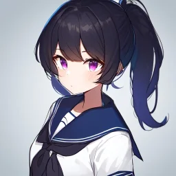 Clear focus, High resolution, short black fluffy hair, long locks, chopped bangs, pony tail, purple eyes, wearing a sailor uniform, (solo), rough line sketch