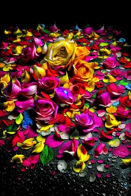 Can you create a rose, full of rose petals, each one in colors of different countries, there are Ukraine and Russia who's petals are falling down, also Israel and palistan is almost falling off, dramatic surreal and explosive image