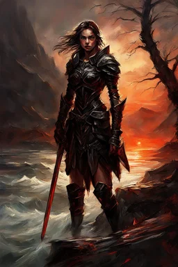 A formidable warrior girl in black armor, on the background Amazing gloomy landscape, flooded with sunset, mountains, trees, fabulous scary hero, , juicy emotions, painting, dark fantasy, bad weather, gloomy day, dark world, by Raymond Swanland & Alyssa Monks & Anna Razumovskaya