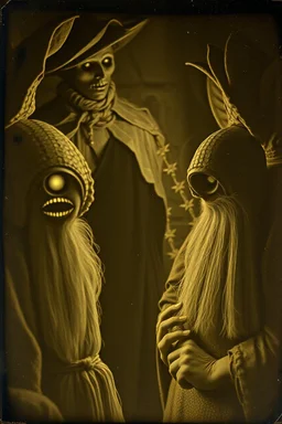 Daguerrotype close up some mysterious figures, odd background, Hieronymus Bosch Max Ernst ambient light, by Minicavio Quollati and Marlost Endgulp, Amano, Botticelli, Alphonse Mucha