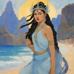 [art by Kupka] "Shiva" refers to Gigi Hadid as Circe the awesome nymph with lovely braids on the beach, sweating under the sun, she takes care of monsters that are surrounding her