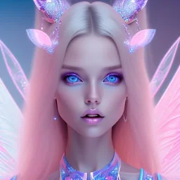  beautiful, soft, whide smile face, long blonde straight hair, blue eyes, fairy wings on the back, transparent crystal blue and pink clothes, background blue and pink, big definition, 8K