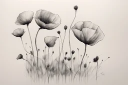 Minimalist ink pencil and charcoal drawing of poppies