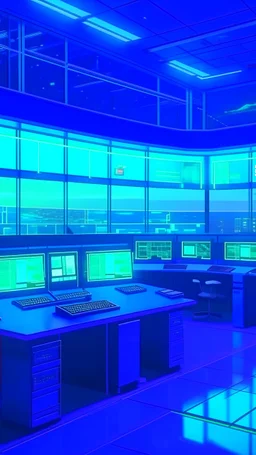 Realistic technology art style of a control centre of the FAA tower with many monitors screens computers and mini lights