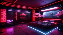Cyberpunk bedroom. Detailed. Rendered in Unity. Japanese elements. Black and red lighting. Holograms. add a sakura tree into the room. Add a japanese katana in the wall and a gaming pc