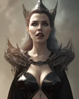 evil queen in black leather gown, busty, cleavage, angry, emperious, 8k resolution concept art portrait by Greg Rutkowski,