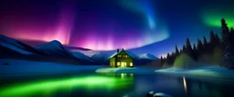 Picture a serene frozen lake surrounded by snow-capped mountains under the ethereal glow of the Northern Lights. The aurora borealis dances in the sky, displaying vibrant hues of green, purple, and blue. A small, cozy cabin with light shining through its windows sits at the edge of the lake, offering a sense of warmth and solitude in the vast, icy wilderness. This scene embodies the wonder of nature's spectacles and the spirit of cold-weather adventure.