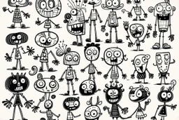 make a bunch of simple hand-drawn spooky and cute cartoon characters with bodies arms, and legs I could draw and make them all different make them looks like the 50s and 60s cartoon art