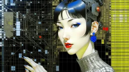 An illustration by Kuniyoshi and and Picasso of a tech-girl inside a futuristic matrix-grid.