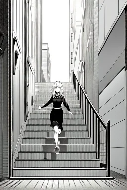 girl runs on the stairs, greyscale