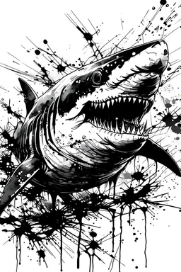 In an art naive style but realistic painterly black and white ink creation do me a shark. Created with ink splashes and blends. No hard lines