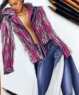 Fashion illustration, fashion drawing, Croquis, Hussein Suleiman, Jefferson Osei, Abderrahmane Trabsini, Fenty, mudcloth deni jacket, ripped jeans, flare leg, African American model