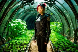 Unground solar punk tunnels, cinematic, dof background a, dystopian, sci-fi, award winning, Yui in a garden, National Geographic, breath taking, oxygen farm but outside is a desert