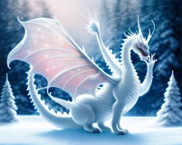 mdjrny-v4 style, a white dragon with fairy-like transparent glowing and sparkly wings standing in snow, full body, silver and teal background, glowing soft and smooth wings, realistic, highly detailed intricately detailed, shiny snowy background, soft studio lighting, trending on artstation, by artist "Julie Bell", by artist "Greg Rutkowski"