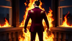 Hyper Realistic Photographic-Silhouette View of a handsome muscular Fire-Superhero wearing long-fancy-Maroon-tuxedo with-golden-flame-patterns on back of his tuxedo, fancy-red-sunglasses with fire-embers-around-him smiling while looking at back & standing on a vintage-crafted-balcony & open-fancy-burning-windows at dark night showing dramatic & cinematic ambiance.