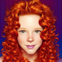 teen Robyn Lively, her striking perfectly detailed clear eyes, her perfect, precisely detailed lightly freckled face, meticulously detailed long curly multi-hued ginger carrot cherry fire red hair, luminous colorful sparkles; by james r. eads, gawki, rajewel, tania rivilis, dan mumford, lisa frank, artgerm, greg rutkowski, alphonse mucha and william-adolphe bouguereau; glitter, airbrush, octane render, volumetric lighting, 16k, photorealistic digital painting, artstation, smooth, sharp focus