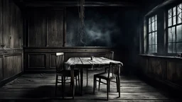 Bizarre dark surrealism, psychological thriller atmosphere. An crepy empty room without windows and doors just one table wit one chair. close up the camera a single gaunt human-like thin figure with pale skin, tightly sewn-shut mouth with black thread stitches across the lips and large sunken lifeless eyes sits alone on one old wooden chair at a big dining table. The table is overflowing with untouched colorful food: roasted meats, pasta, pizza, soup, cakes, fruit, bread and wine. surreal