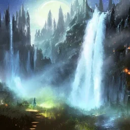 Elven city waterfall night fantasy