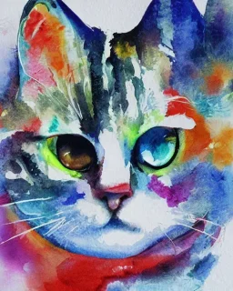 watercolor painting, cat, happy, bright color,