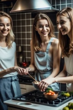 photo quality. 3 lightly dressed smiling young women cooking a recipe in the kitchen.