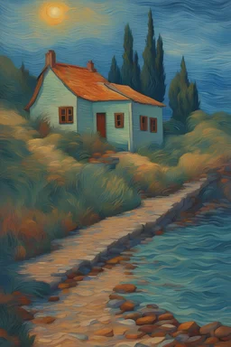 Coming from the dappled waters of the Cerulean sea to the mysterious farmhouse on the exotic island; Post-Impressionism in the style of Van Gogh.