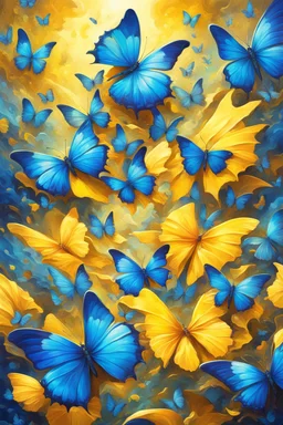 vibrant psychedelic oil painting image, airbrush, 64k, cartoon art image of background YELLOW and BLUE BUTTERFLIES , futurism style