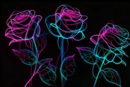 black background, outlines of a holographic roses drawn from thin neon-coloured glowing lines