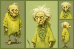 Artist Jean-Baptiste Monge style. A biomorph banana-headed old woman. White eyes. A yellow dotted green furry feathered fluffy dress.