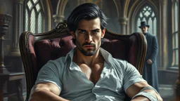 An epic dark fantasy oil painting of a handsome muscular nobleman seated in a luxurious Victorian armchair inside an ancient Gothic castle. Around 35 years old, with dark shoulder-length hair, a strong jawline, subtle beard, and piercing eyes locked directly on the viewer. His white shirt hangs partially open , in the background in victorian dress a vampire voman' blur shadow stands, deep colors, detalied, mystic, stunning
