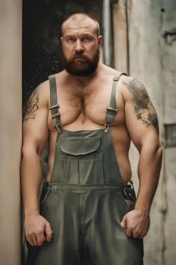 full figure photo, burly big chubby russian plumber, dirty, ripped overalls, 33 years old, crossed arms, shaved, short beard, manly chest, virile, arms, ugly, big thighs, under the flushing shower, sunlight , photorealistic, 35mm lens, ultra detailed