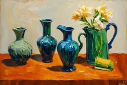 Oil painting of Vases and jugs in the style of frank Auerbach