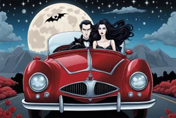 close up illustration from a surreal comics caracter vampire couple (pale skin, dark hair, black-dark red nice gothic clohts) riding a sport coupe car, driving toward you in Summer night,they looking at camera, Tim Burtron and El Kazovszkij style , blue sky with moon and stars. They driving down a surrreal crepy stunning scenic , surrounded by black trees siluette, high detailed, cold silver and dark colors, intricate details, beautifull shot, pale lights, surreal mood, anime, cinematic