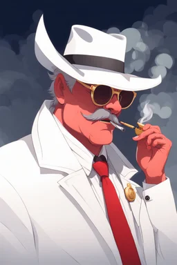 An old very red crimson devil wearing a white and gold police comisioner outfit, he is also wearing glasses, he has a white scruffy mustache, and a small black fedora, he also smoking a cig.