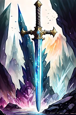 create a fantasy sword made of crystalRPG illustration in the art style of Wayne Reynolds, ink wash and watercolor, 8k, ArtStation, DeviantArt