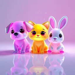 Adorable colored translucent 3D trio — a small dog, a cat, and a rabbit — in cute chibi proportions, made of glowing jelly-like glass material, soft pastel and neon color gradients, big expressive eyes, sparkles and light particles floating around them. Playful studio lighting, soft shadows on a reflective surface, Pixar-style render, cinema 4D, redshift, ultra-detailed, 4k.
