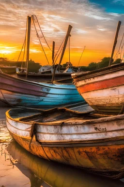 weathered paint of boats with sunset in rome