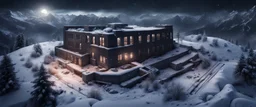 Hyper Realistic areal view of an dark abandoned hospital on the top of a mountain at heavy snowfall night