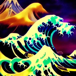 The great wave of kanagawa painted with clouds of colours,ystical colors ,perfectly centered image, perfect composition, rim light, beautiful lighting,masterpiece ,8k, stunning scene, raytracing, anatomically correct, in the style of Simon Bisley and Ohrai Noriyoshi and robert e howard and Steve Jung and Wizyakuza and uncannyknack