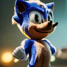 hiper realistic, render, 4k, unreal engine, photo realistic, sonic the hedgehog closeup , high detail, volumetric lighting, tiny features, intricate detail,