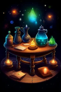 Okrągły stół, na nim magiczne przedmioty i kociołek z miksturą, tło migocące z kwiazdami.