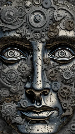 Bosch style painting , A balled face in details . The texture of the face is a collage of many 3D gray metallic clock gears and screws covering the whole face and the eyes are covered by caves figures