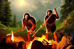 Romanticism, caveman holding a club, cave, cave bear, campfire, stone age, dawn, fine detail, high quality,