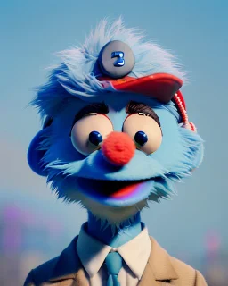 hybrid character, Sesame Street muppet head with body man, police dress, Wes Anderson style, concept art, smooth, unreal engine 5, god lights, ray tracing, RTX, lumen lighting, ultra detail, volumetric lighting, 3d.