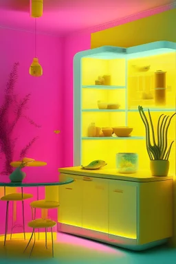 Kitchen, yellow walls, transparent glass furniture, modern, LED pink lighting, modern art, cool vibes, yellow fridge, aquarium