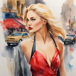 Full portrait "watercolor painting of a beautiful woman dressed with red dress, blond hair,,walking at the city. vivid colors, ink , splash art, Watercolor Paint drips. Sharp focus Bright, bold realistic colours Hyper-detailed"