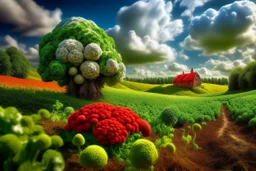 lifelike photography, vegetable and fruit landscape, broccoli forest, chive field, cauliflower sheep, orange sun, whipped milk clouds, raspberry flowers, cheese barn and haystack in sunshine, surrealistic