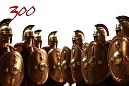 Stylish movie still for the movie text "300" top left placement in the pronounced iconic font of movie "300", row of Spartans in a phalanx alignment with elaborate shiny Spartan Shields lined up in a row, digital movie photography, focus on the glinting metal Spartan shields, dramatic, image disintegrates into white negative space,