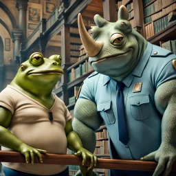 close up photo from a big and fat yellow-green anthropomorphic frog in simple human clothes talking with a strong anthropomorphic rhinoceros without horns in blue modern security guard clothes, they talking and elbowing on an old wooden railing next to each other, in background a bibliothek with tall book shelves, detailed sci-fi, fantasy mood